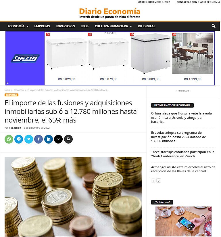 El importe de las fusiones y adquisiciones inmobiliarias subi a 12.780 millones hasta noviembre, el 65% ms